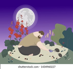 Big bearded man feeds hedgehogs in garden with flowers and berries with moon and sunset sky on background vector concept art