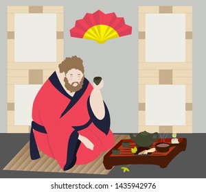 Big bearded man in traditional Chinese clothing tea ceremony with traditional Chinese table teapot kettle and cups vector concept art