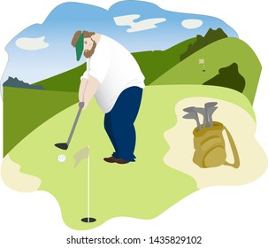 Big bearded man in white t-shirt plays golf aiming hole on field with bag and landscape with blue sky on background vector concept art