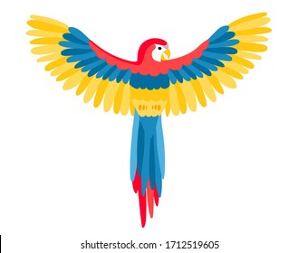 The big beautiful Aru parrot with spread wings in flat style. A bird flies spreading its wings or sits on a branch. Beautiful feathers are yellow, blue and red. Vector clip-art isolated on white