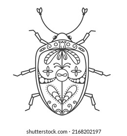 A big beautiful beetle with patterned wings in doodle style. The hand drawn illustration can be used for children's or adult coloring books and for tattoos. Isolated image in zentangle style