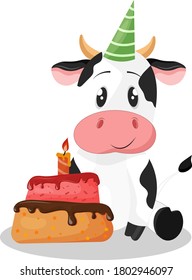 
A Big And Beautiful Birthday Cake, A Cute Cow With A Hat Sits Next To It