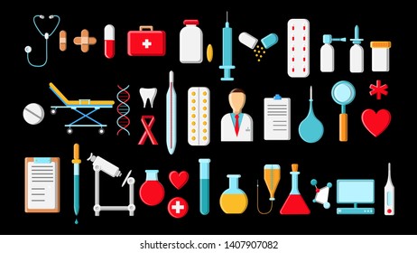 Big beautiful bright colored set of medical items and tools in a pharmacy or doctor's office, thermometer tablets syringes flasks medications on a black background. Vector illustration