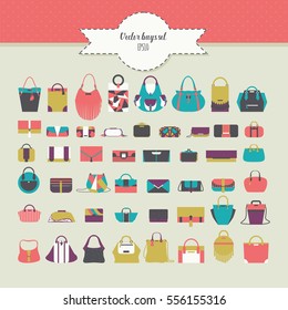 Big beautiful bundle with flat women bags in different design - handbag, clutch, purse, rucksack and many more. Vector fashion illustration set in bright colors. Various accessories for girl and women