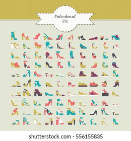 Big beautiful bundle with flat women shoes in different design - flats, heels, platform, wedge and many more. Vector fashion illustration set in bright colors. Various footwear for girl and women