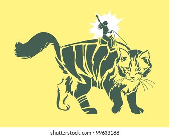 big beautiful cat - illustration. the girl rides a huge cat. decorative pattern