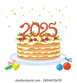 Big beautiful Christmas cake 2025. Snake is the symbol of Chinese  New Year. In cartoon style. Isolated on white background. Vector illustration