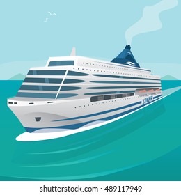 Big beautiful cruise liner cuts through the waves in the open sea on a clear day. Front view. Marine adventure or voyage concept. Vector illustration