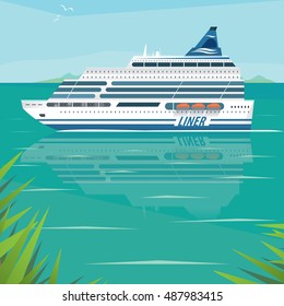 Big beautiful cruise liner slowly floats on flat surface of sea by the shore on a clear day. Side view. Voyage or marine adventure concept. Vector illustration