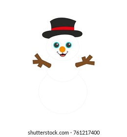 big beautiful cute happy snowman standing smiling during the winter weather holidays symbol with its brown tree branches arms open ready for a hug with a black elegant top hat 