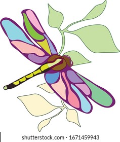Big beautiful dragonfly with rainbow wings in flight over summer greenery. Vector illustration, suitable for prints, summer patterns, seasonal advertising, stickers