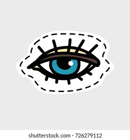 Big beautiful eye in cartoon style. Isolated image for badge, sticker or patch. Vector illustration