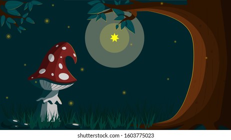 
a big beautiful fly agaric near a tree is illuminated by a magic star against the night sky