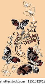 Big beautiful leaf patterned butterfly with flowers. Vector illustration.