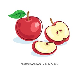 Gran y hermosa manzana roja. Todo y cortado en pedazos. Imagen en línea. Borde oscuro con puntos de color. Aislado sobre fondo blanco. Ilustración plana vectorial.