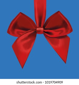 Big beautiful red bow, made of ribbons on a blue background. Vector graphics. Realistic red bow isolated.