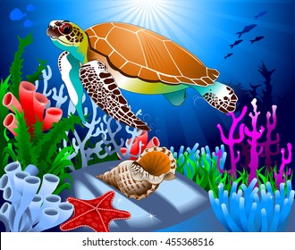 big beautiful sea turtle swimming in the sea, vector