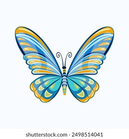 Big beautiful vector butterfly. Simple, blue elements on black wings. Isolated butterfly.