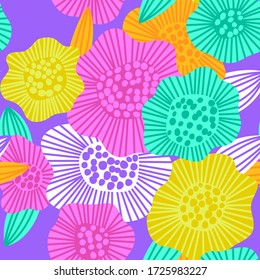 Big beautiful vector flowers. Seamless pattern for wallpaper, wrapping, card, cover, banner, poster. Cute doodle illustration with colorful peonies. Natural, floral, pretty ornament with wild plants