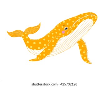Big beautiful whale. Animal in the sea and ocean. Hand drawing isolated objects on white background. Vector illustration. 