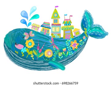 Big beautiful whale with houses and flowers over white, bright color illustration, cute cartoon, Vector