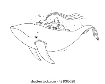 Big beautiful whale with houses and trees in the back. Hand drawing isolated objects on white background. Vector illustration.  Animal in the sea and ocean.