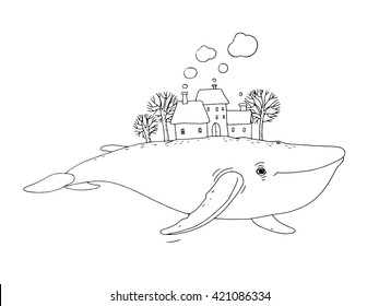 Big beautiful whale with houses and trees in the back. Hand drawing isolated objects on white background. Vector illustration.  Animal in the sea and ocean. Coloring book