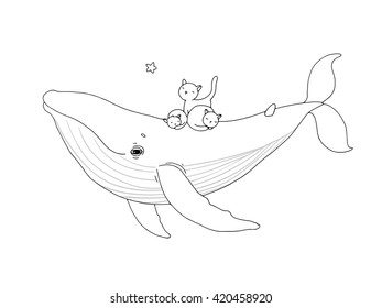 Big beautiful whale and three cute little kitten. Hand drawing isolated objects on white background. Vector illustration. Coloring book.