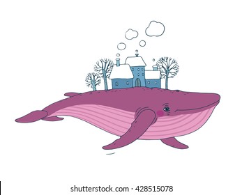 Big beautiful whale. Winter landscape. Hand drawing isolated objects on white background. Vector illustration. Animal in the sea and ocean.