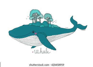 Big beautiful whale to the wood on the back.  Hand drawing isolated objects on white background. Vector illustration.  Animal in the sea and ocean.