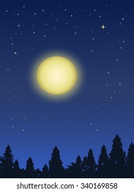 Big beautiful yellow full moon rising above dark forest in starry night
