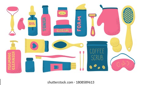 Big beauty essentials doodle style vector set. Skin and body care tools, face cream,oil, serum, cleanser, razor and foam, scrub, massage brush, shampoo.