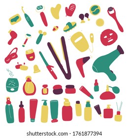 Big Beauty set. Skin care and beauty signs, beauty tools, spa salon and self-care icons. Vector flat doodle illustration