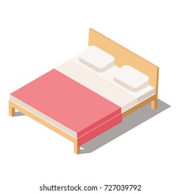 Big Bed for Two or One Person with Comforter and pillows.  Furniture for the Bedroom. Vector Illustration in Isometric view. 3D Bed isolated on white background