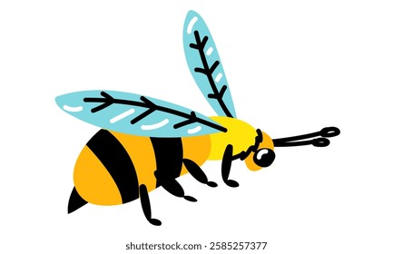 A big bee is crawling. A flat-style illustration showing an elongated bee. Funny bee crawls to collect pollen. Insect. For posters, greeting cards and children's design. An isolated colored animal