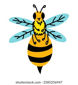 A big bee. A flat-style illustration showing an elongated flying bee. A funny bee flies to collect pollen. Insect. For posters, greeting cards and children's design. An isolated colored animal