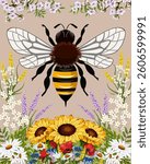 Big bee in flowers.Vector illustration with a large bee in a frame of flowers on a light background.