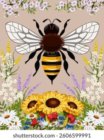 Big bee in flowers.Vector illustration with a large bee in a frame of flowers on a light background.