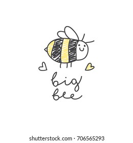 big bee logo, cute hand drawn fat bee with handwritten text on white background