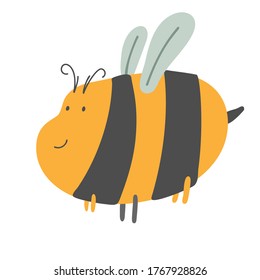 Big bee logo. Cute scandinavian hand drawn fat bee with handwritten text on white background.