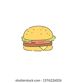 Big beef burger with vegetables, simple cartoon drawing of fast junk food snack. Hamburger with meat, bun, tomato, cheese. Flat vector illustration on white background.