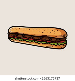 big beef sandwich with vegetables isolated colored drawing line art style sketch classic vintage design illustration