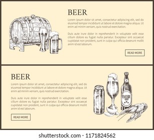 Big beer barrel, bottle and metal can, pilsner and tulip glasses with foam and crayfish snack vintage hand drawn vector illustration landing page.