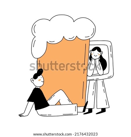 Big beer drink with small cartoon characters hand drawn outline illustration in minimal style isolated on white.