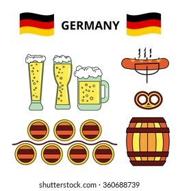 Big Beer Germany  vector set: Glasses for different types of beer, Bavarian sausages, pretzel 