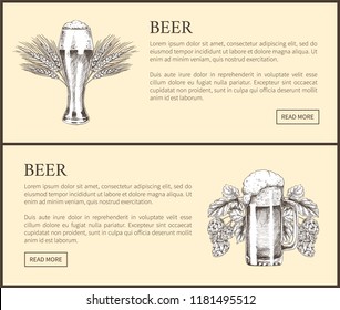 Big beer glass with wheat ears and mug with hop plant vintage hand drawn vector illustration in sketch style landing page with text for brew house.