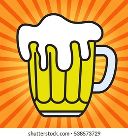 Big beer mug and beer with foam. Background with the rays. Vector image.