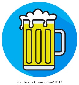 Big beer mug and beer with foam. Simple vector icon on blue background. Vector image.