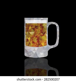  Big  beer mug of golden beer with reflection isolated on black background. Polygonal vector illustration.