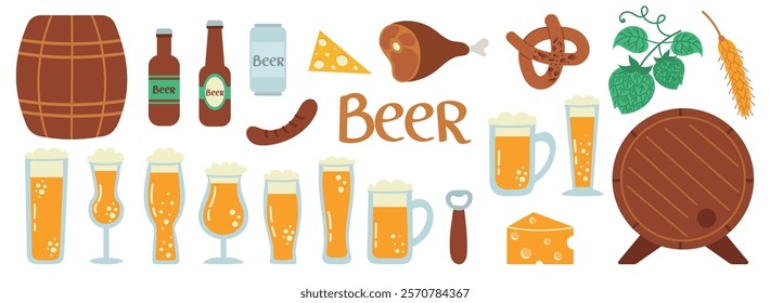 Big beer set with glasses of different shapes, elements of brewing. Vector illustration in flat style. Set of color icons for brewery, menu, emblems, scrapbooking